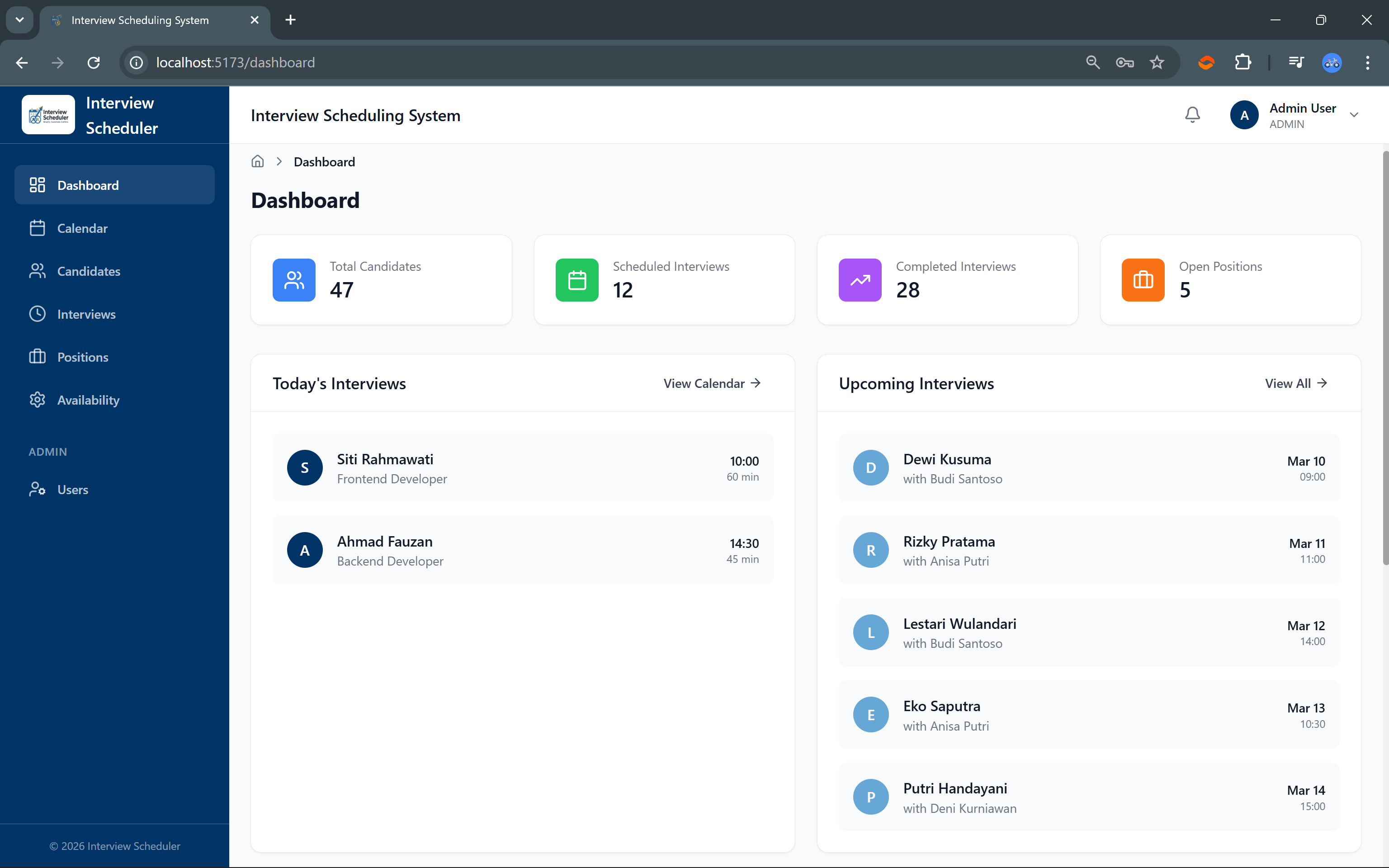 Interview Scheduling System Dashboard
